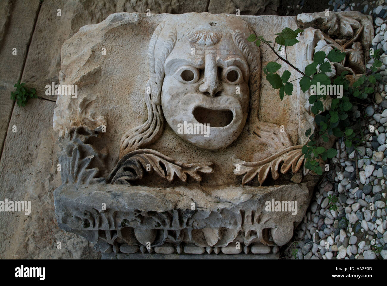 Fregio della maschera di pietra dal teatro antico, Myra. Foto Stock