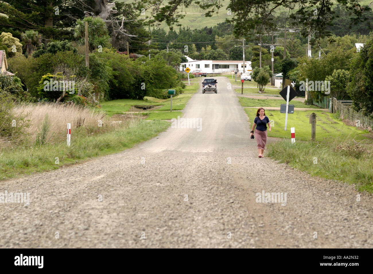 Una lunga strada di ghiaia in Nuova Zelanda Foto Stock