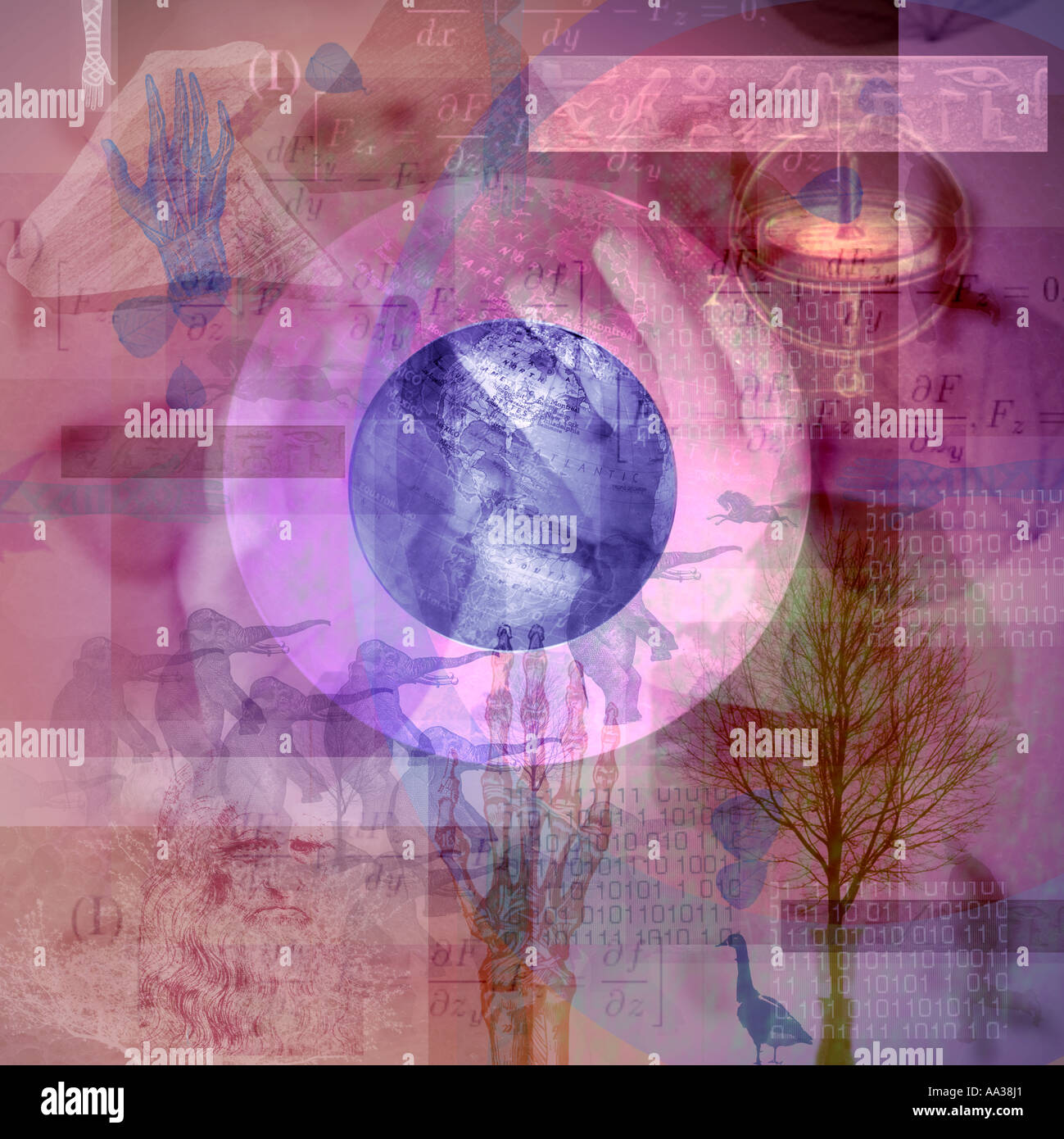 Scienza della Terra illustrazione con globo alberi animali codice binario in un collage colorato Foto Stock