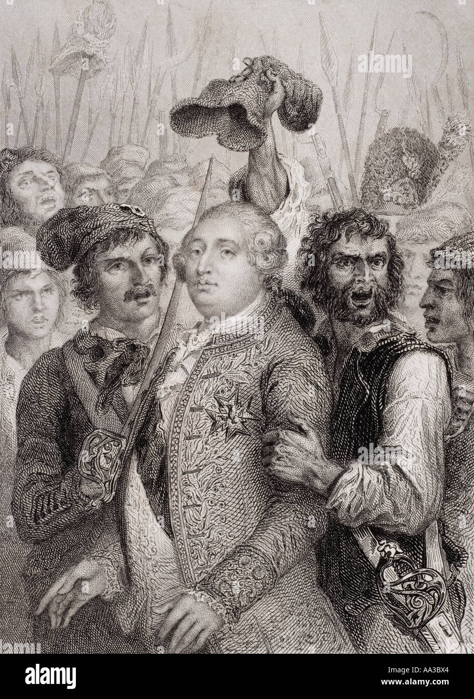 Assalto alla Tuileries, 20 giugno 1792, Luigi XVI minacciato dalla mafia durante la Rivoluzione Francese. Louis XVI, 1754 - 1793. Re di Francia. Foto Stock