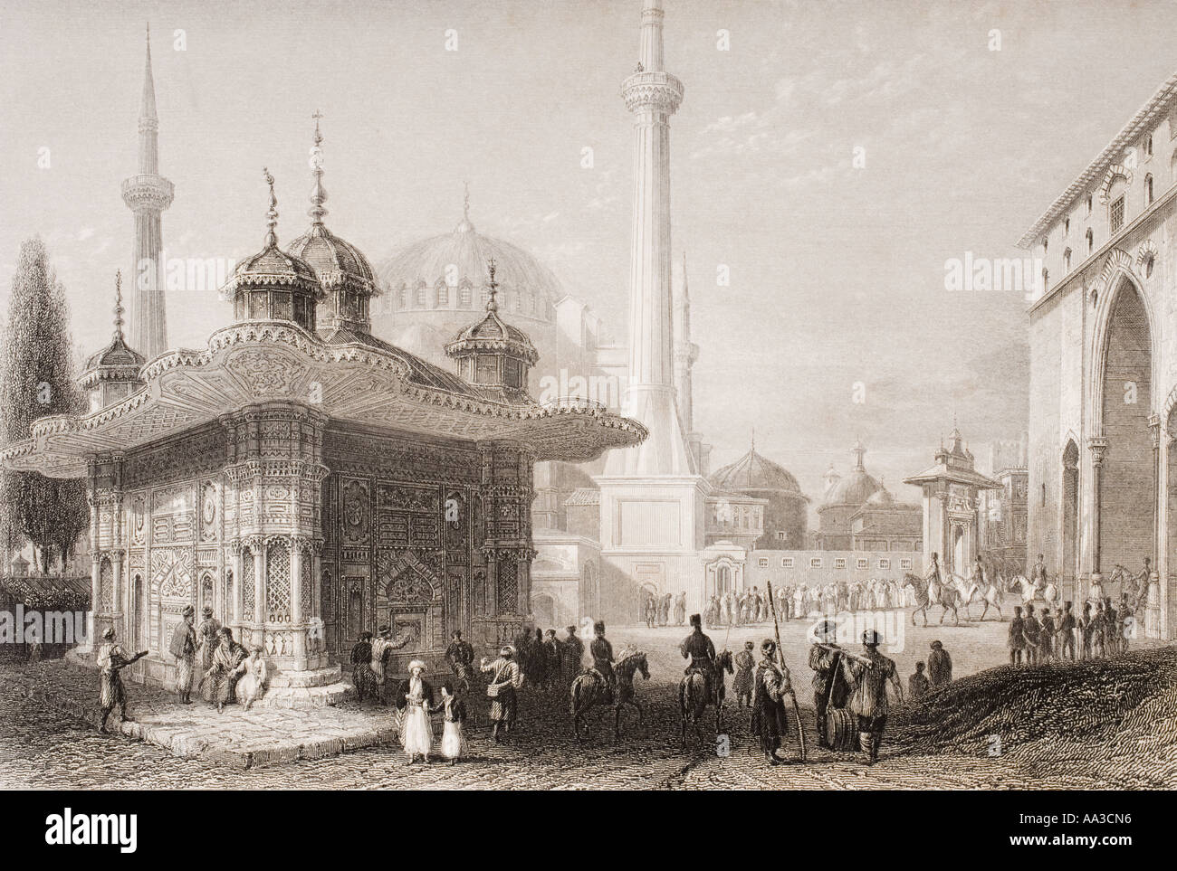La fontana e la piazza di San Sophia, Istanbu,l Turke.y incisi da T Higham dopo W H Bartlett. Foto Stock