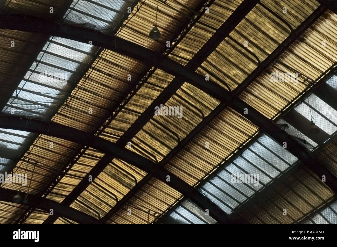 Abstract chiusura del tetto traslucido in una grande stazione ferroviaria Foto Stock