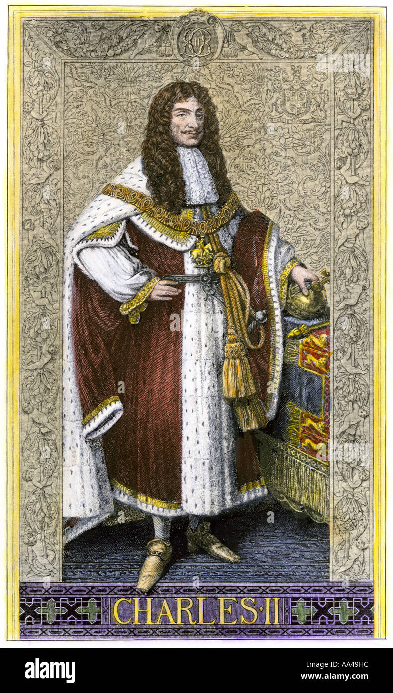 Carlo II re di Gran Bretagna. Colorate a mano la xilografia Foto Stock