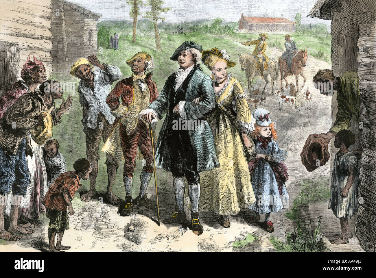 Saluto gli schiavi delle piantagioni di famiglia proprietario visitando lo slave quarters in Virginia 1700s. Colorate a mano la xilografia Foto Stock