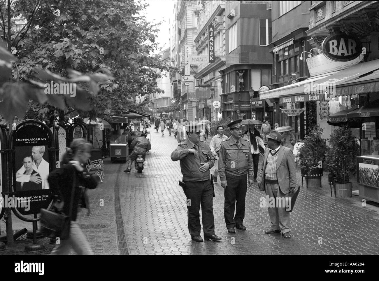 Poliziotti in questione una Roma Gypsy busker Budapest Foto Stock