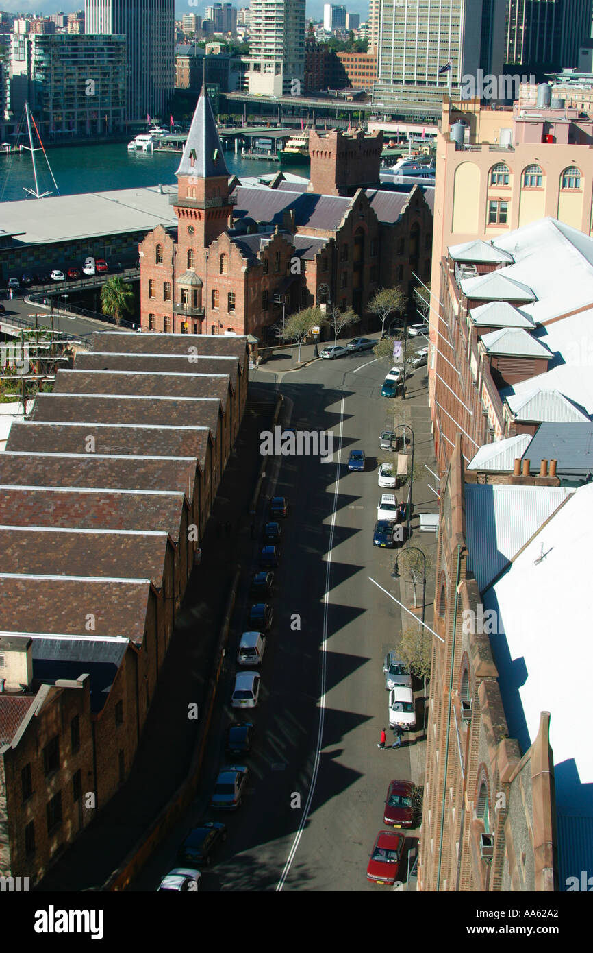 Sydneys area Rocks mostra Hickson rd Wharehouses e parte di Sydney Cove Foto Stock