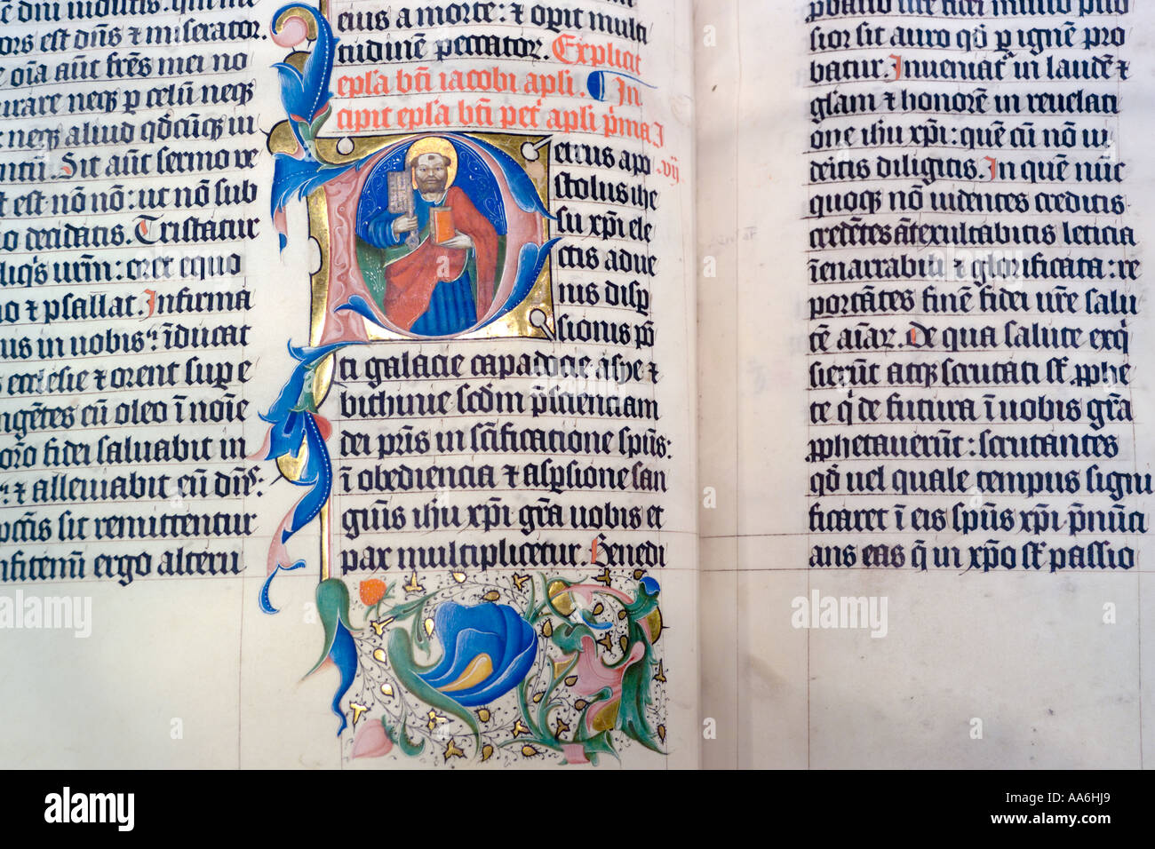 Dettaglio da una Bibbia manoscritta risalente al 1407 in mostra a Malmesbury Abbey, Wiltshire UK Foto Stock