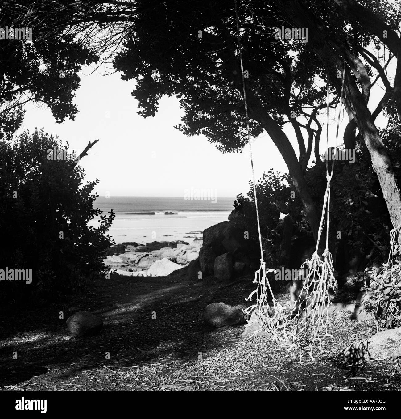 Un altalena sotto la copertura degli alberi sulla spiaggia di Sennen, Cornwall. Foto Stock