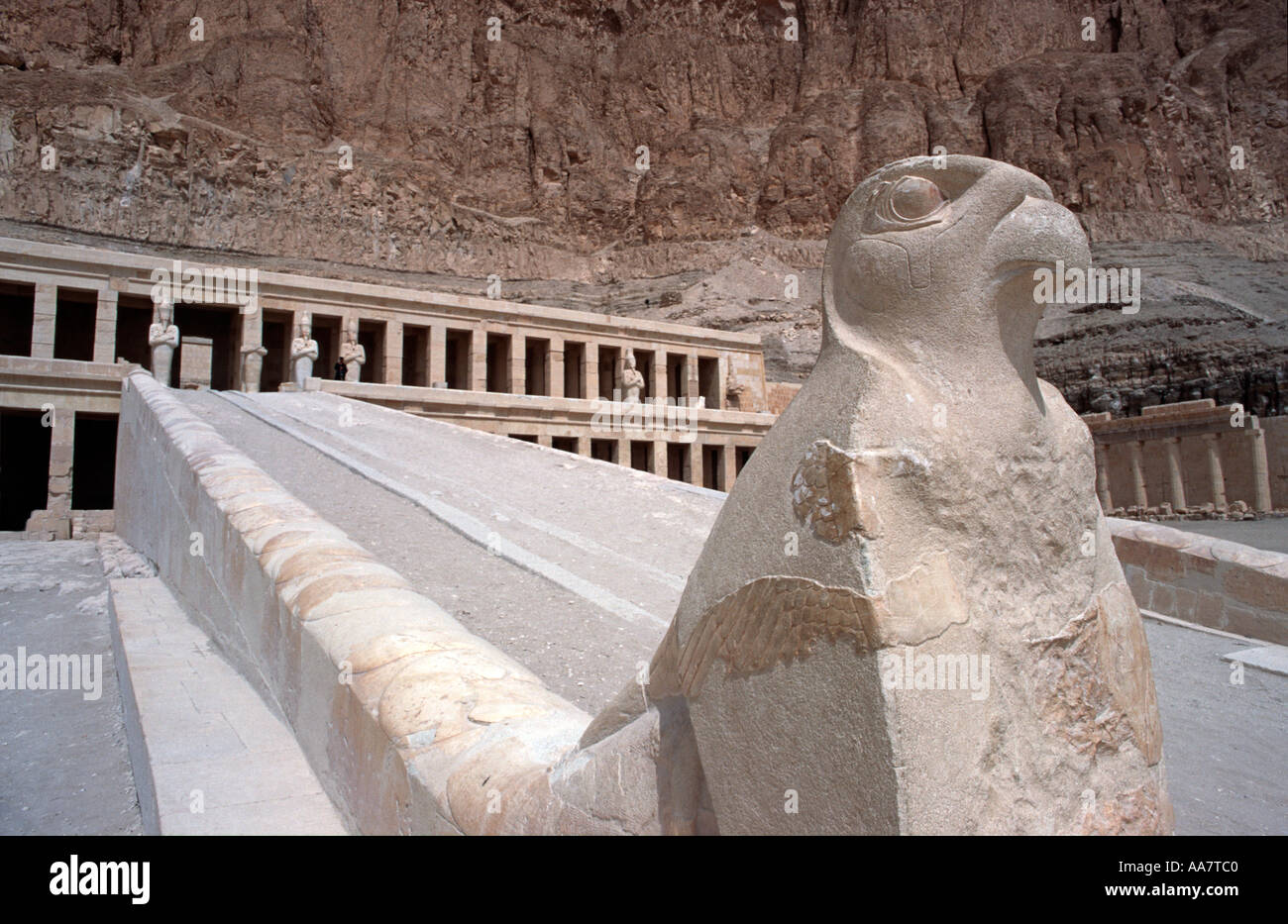 Statua di Pietra di Horus dio falco Hatshepsuts Necropoli di Deir el-Bahri Tebe Luxor Egitto la rampa di accesso al terrazzo superiore Foto Stock