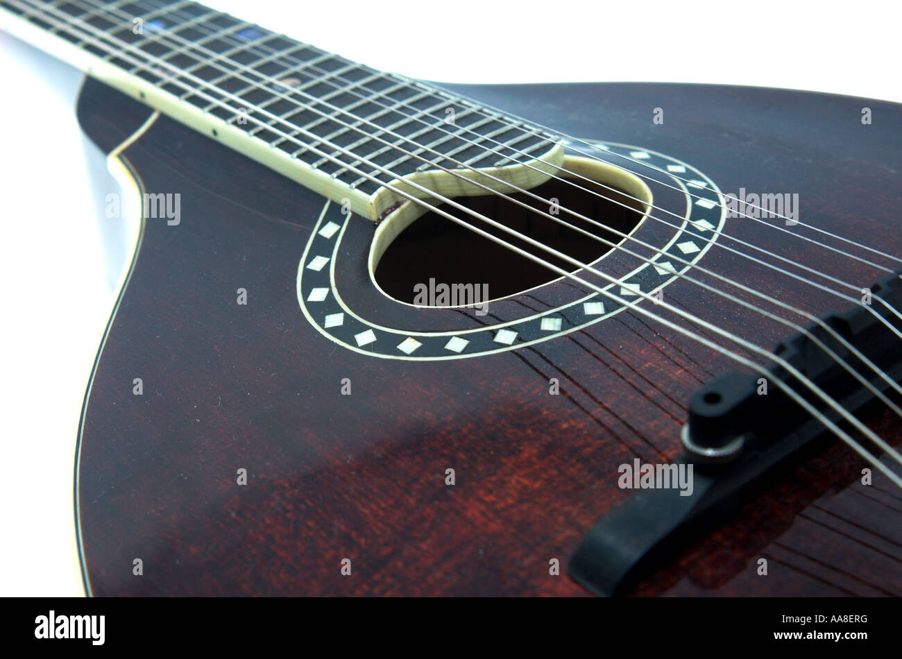 Close up di mandolino e corde di acciaio Foto Stock
