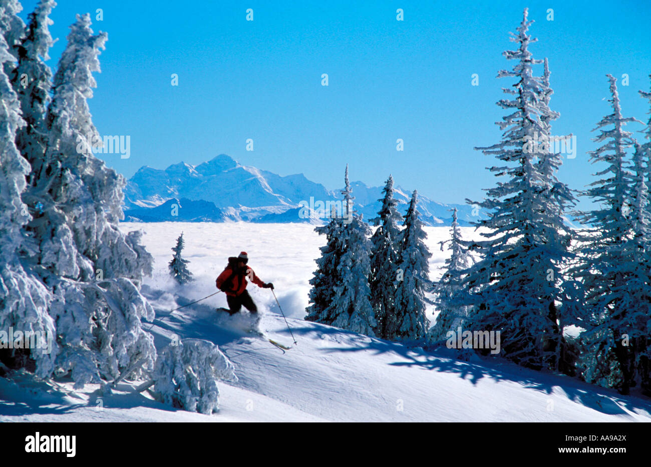 Philippe Mouchet telemark nel Massif du Jura area della Francia con Mont Blanc in background Foto Stock