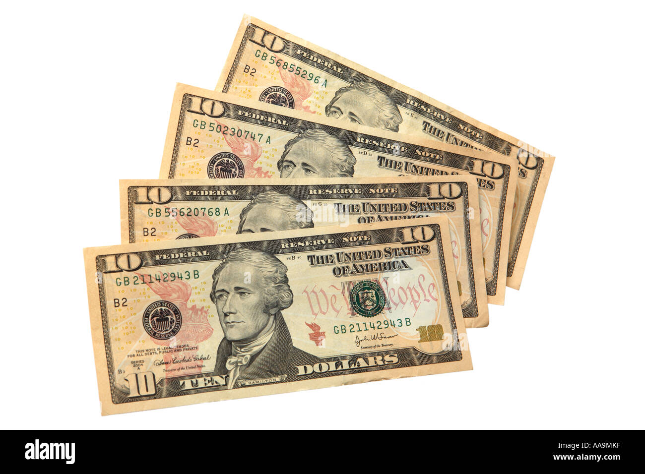 Noi dieci le fatture del dollaro che incorporano la nuova anti contraffazione di funzioni. Foto Stock