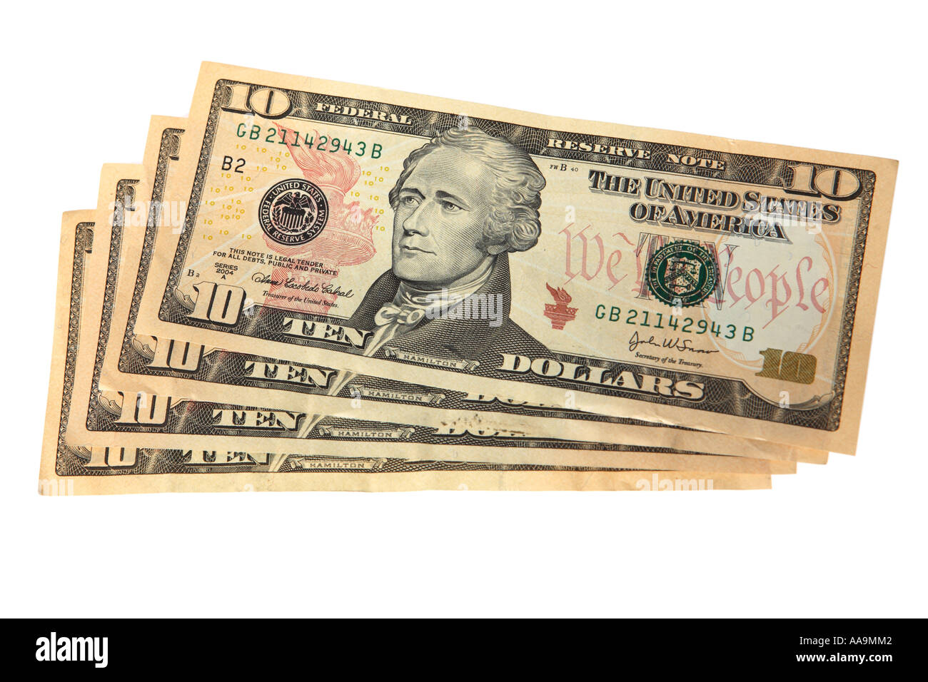 Noi dieci le fatture del dollaro che incorporano la nuova anti contraffazione di funzioni. Foto Stock