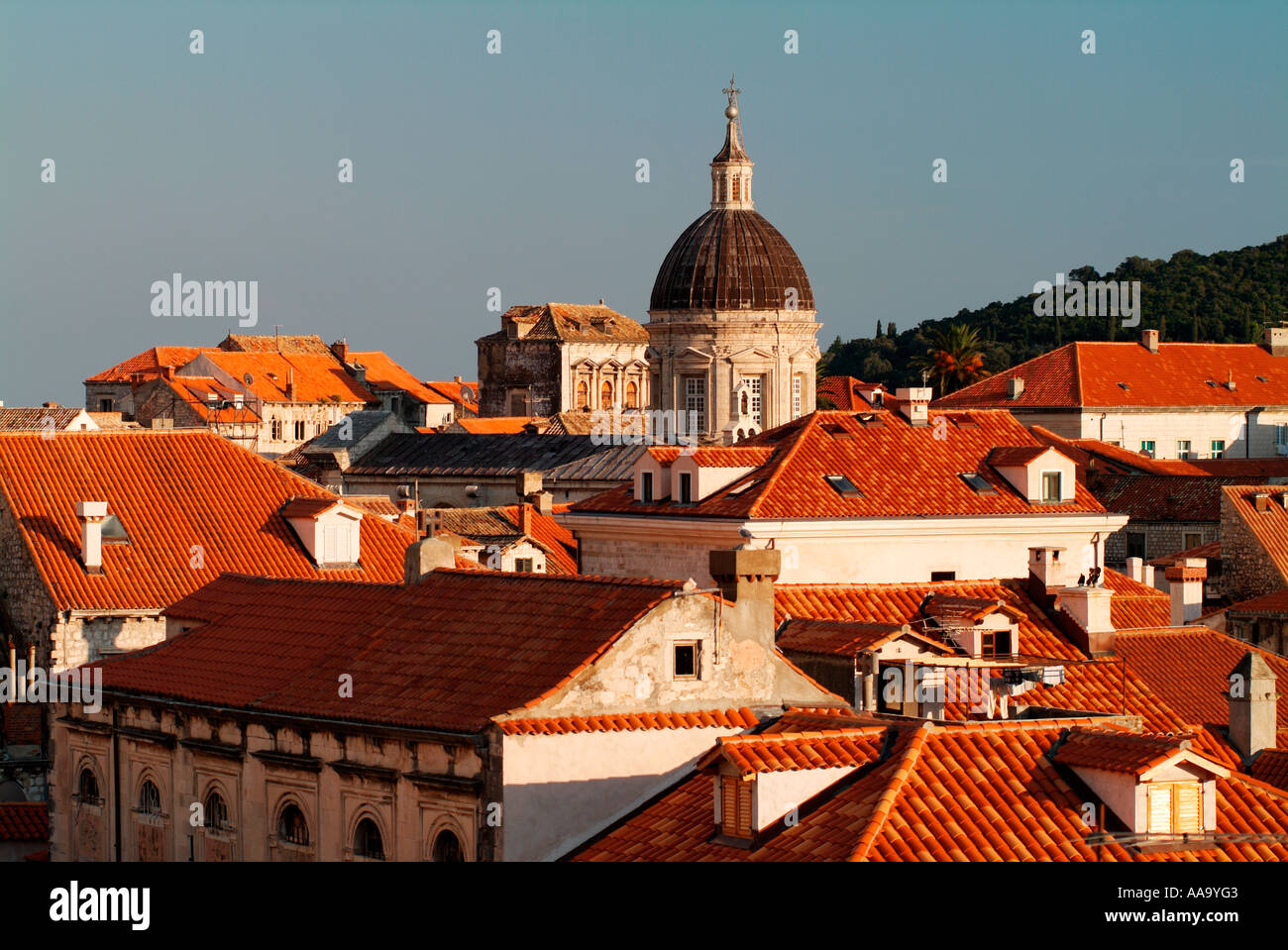 La cupola della cattedrale e il rosso sui tetti della città di Dubrovnik Croazia Foto Stock