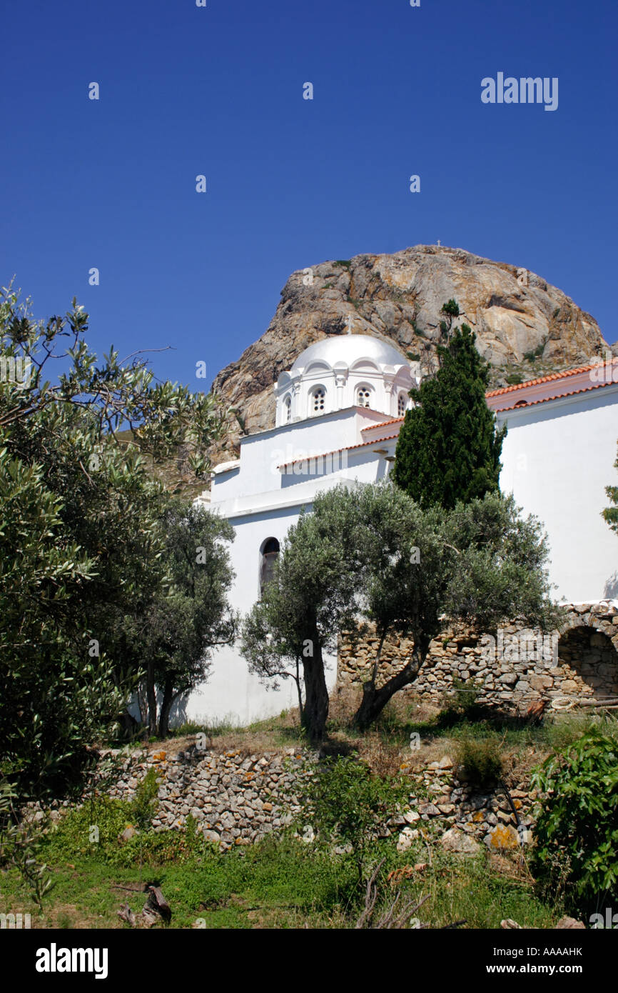 Loutra villaggio, Chiesa di Santa Croce, Tinos, Grecia Foto Stock