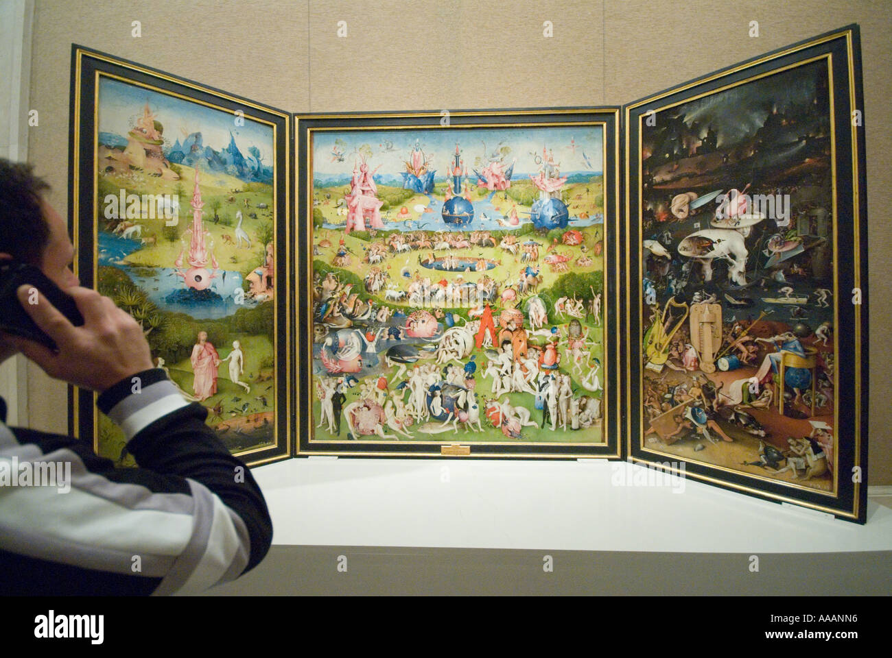 Un uomo che ascolta un audio guida circa il giardino delle delizie dipinto  da Hieronymus Bosch Museo del Prado Foto stock - Alamy