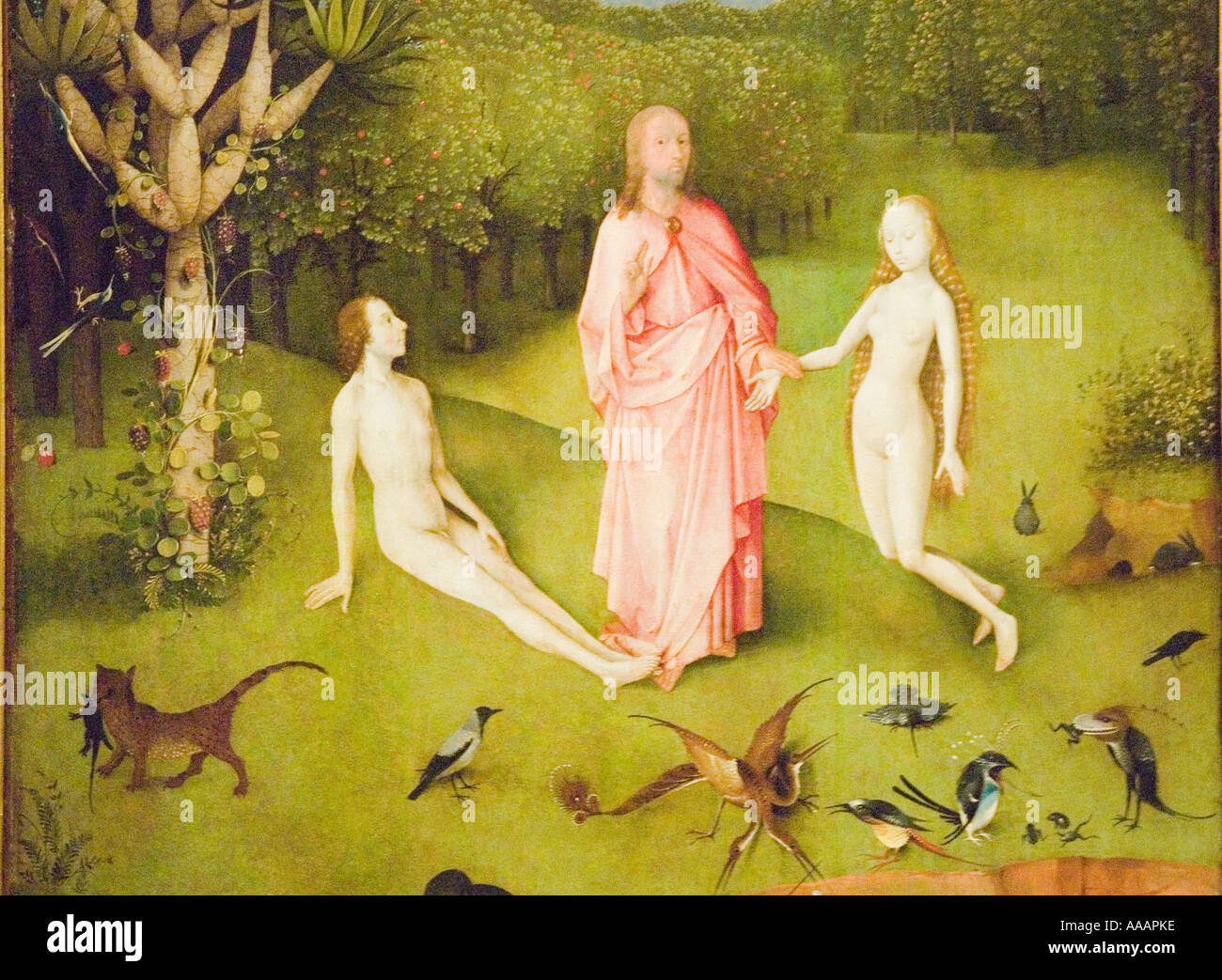 Adamo ed Eva raffigurata nel Giardino delle Delizie dipinto da Hieronymus Bosch Foto Stock