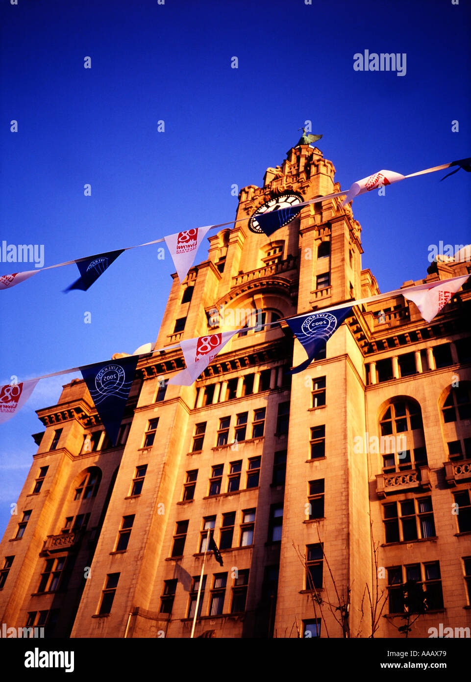 Liverpool Liver Building con 2008 Capitale della cultura bunting Foto Stock