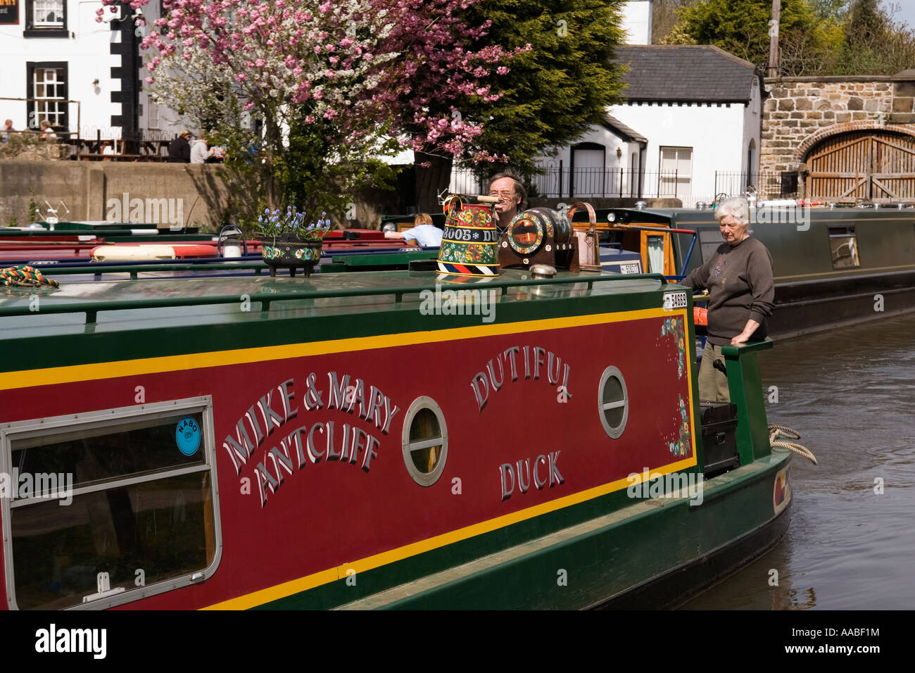 Regno Unito Galles Clwyd Shropshire Union Canal Llangollen ramo Acquedotto Pontcysyllte Trevor bacino doverosa narrowboat Duck Foto Stock