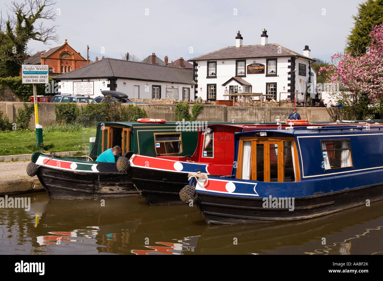 Regno Unito Galles Clwyd Shropshire Union Canal Llangollen ramo Acquedotto Pontcysyllte narrowboats nel bacino di Trevor Foto Stock