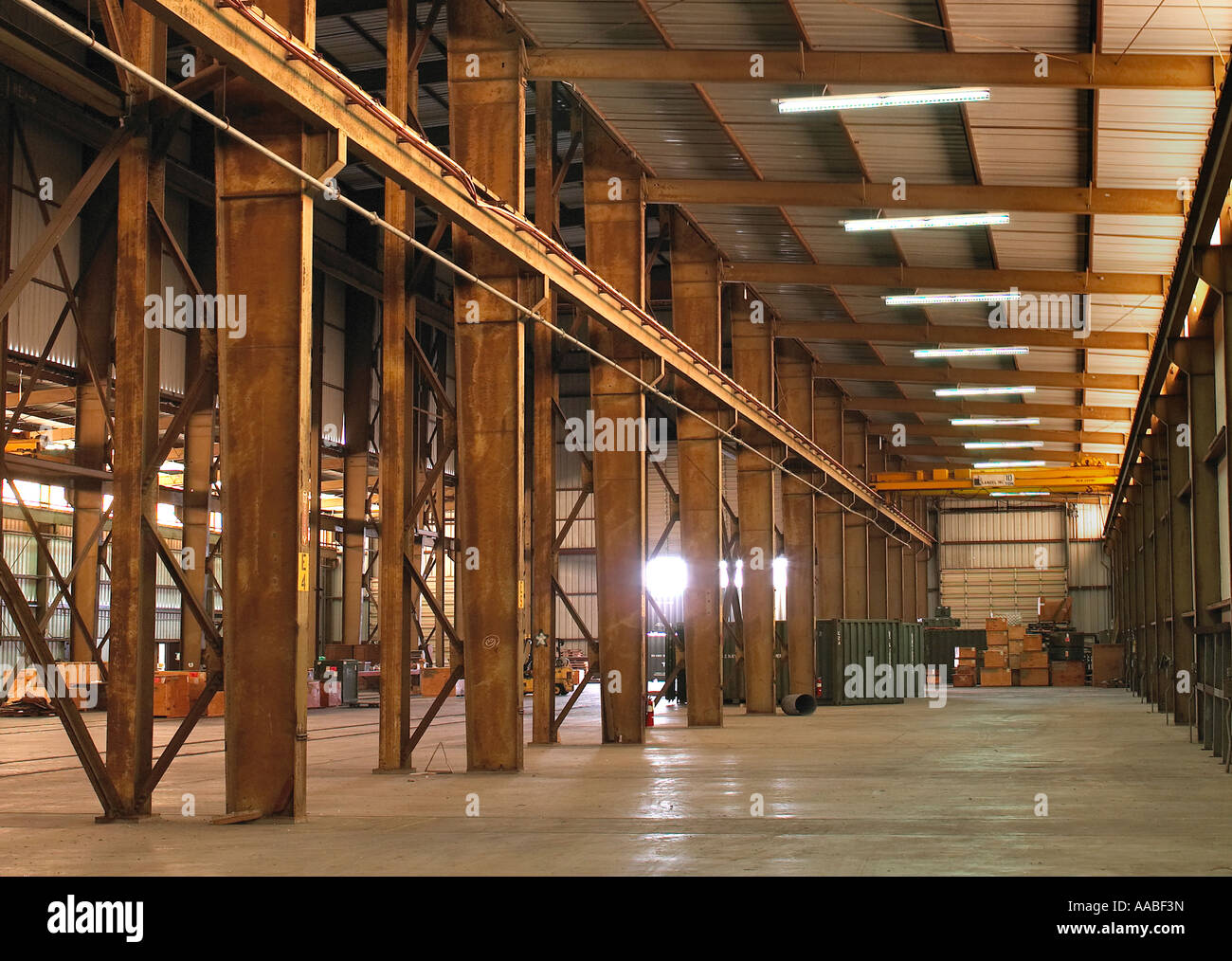 Rusty travi travi all'interno del vecchio magazzino vuoto, STATI UNITI D'AMERICA Foto Stock