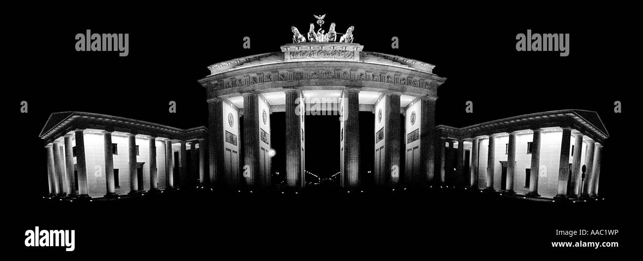 Bianco e nero panorama della Porta di Brandeburgo di notte Foto Stock