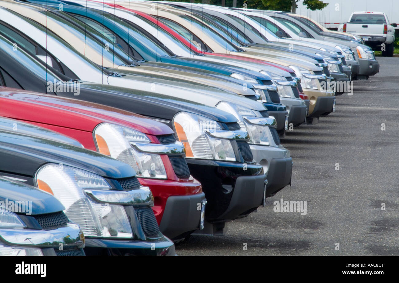Le righe delle autovetture nuove in vendita nella nuova concessionaria auto Parcheggio Foto Stock