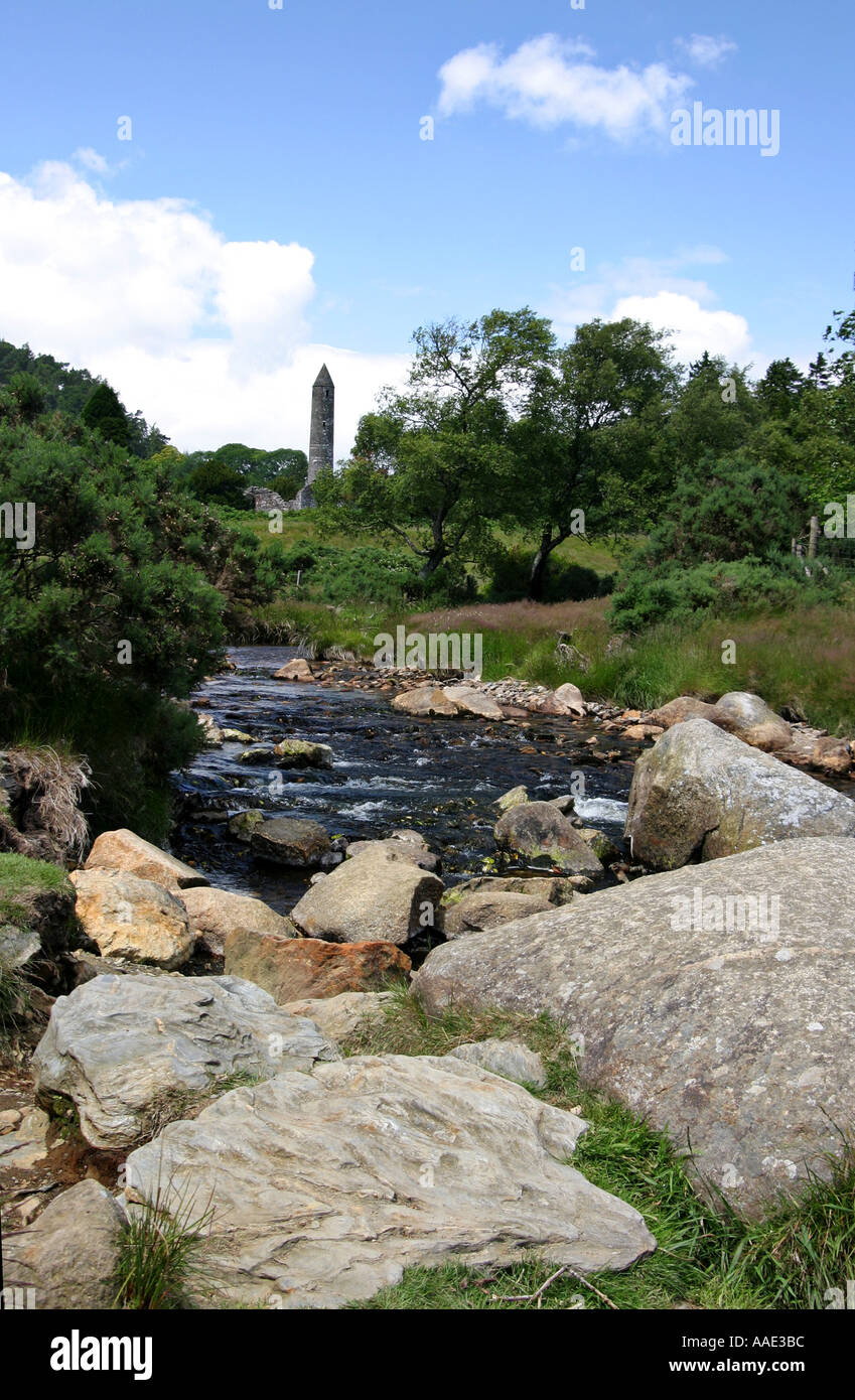 Glendalough Round Tower Foto Stock