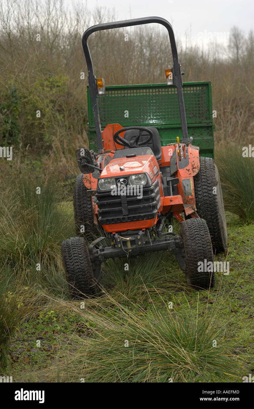 Piccolo trattore parcheggiato su erba Foto Stock