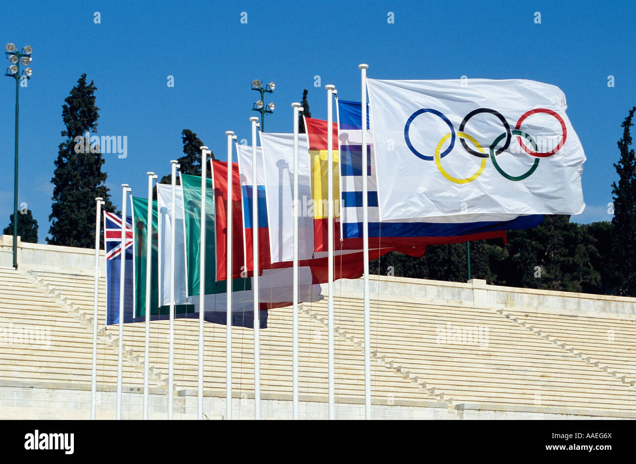 Bandiere olimpico Stadio Panathenian Atene Grecia Foto Stock