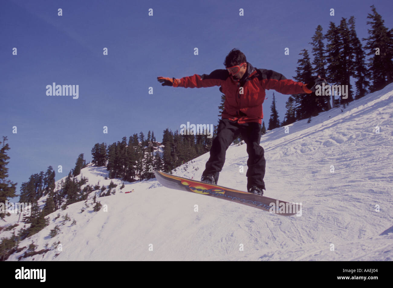Giovane uomo snowboard, Mt. Baker, la cascata di gamma, nello stato di Washington, USA Foto Stock