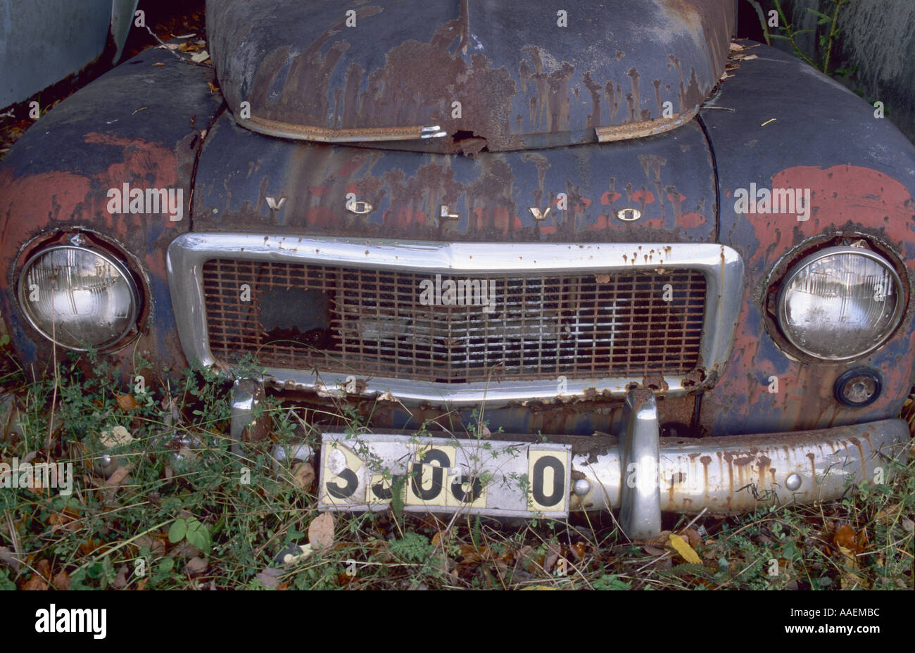 Vecchia auto abbandonate nel legno della Svezia Foto Stock