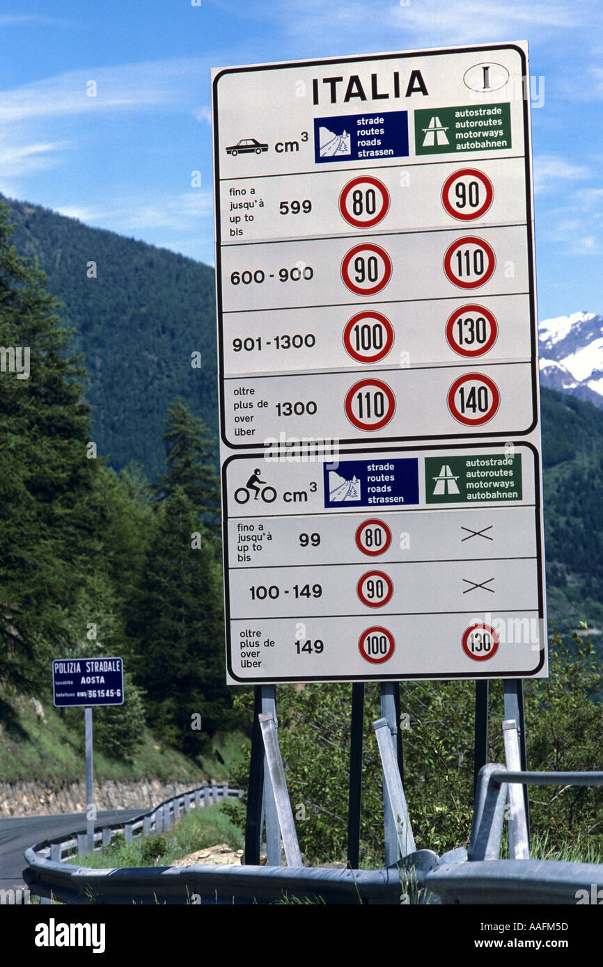 Italian cartello stradale elencando i limiti di velocità sulle strade italiane in Valle d Aosta Italia JMH0636 Foto Stock