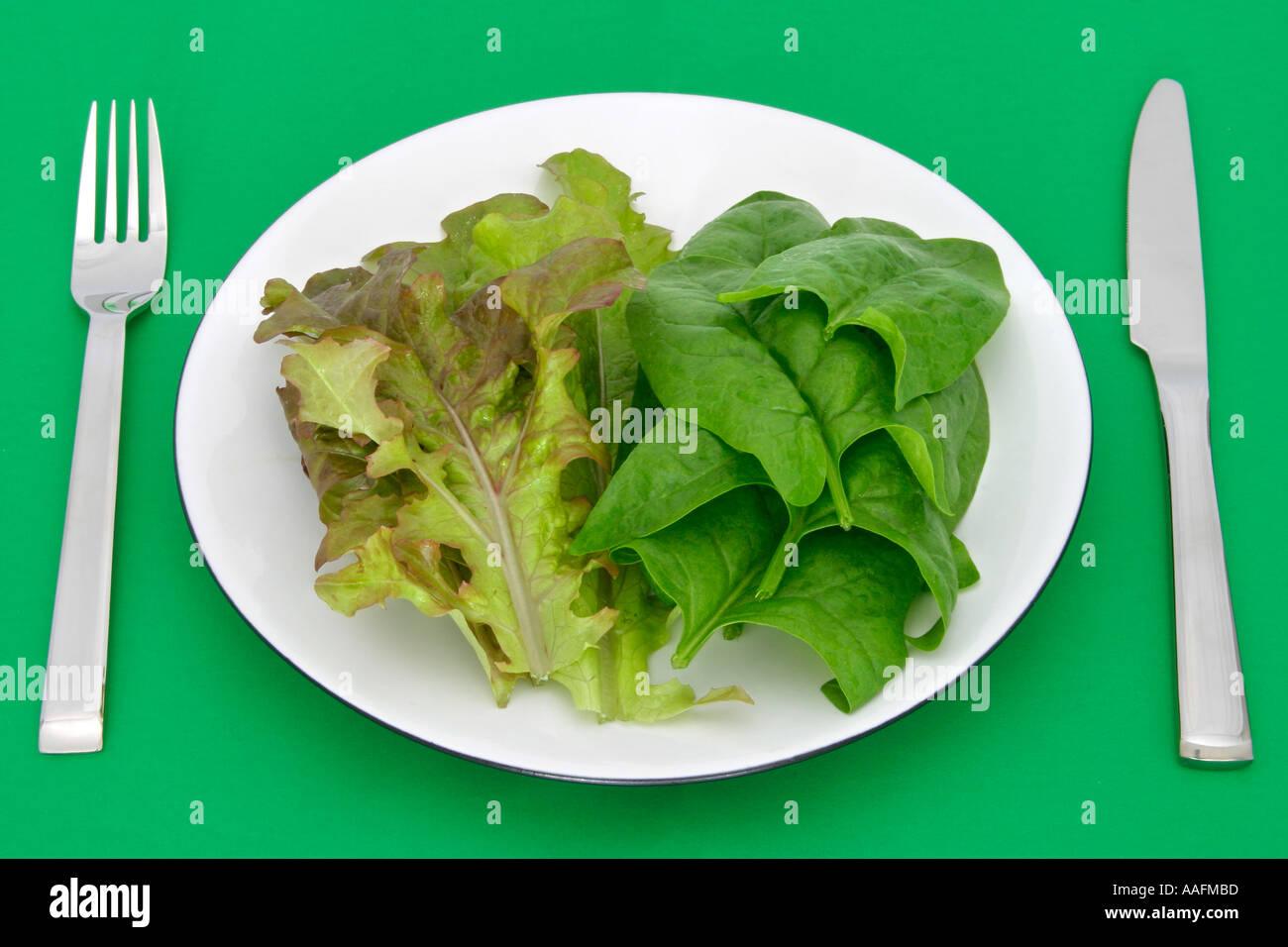 Gli spinaci e lattuga su una piastra Foto Stock