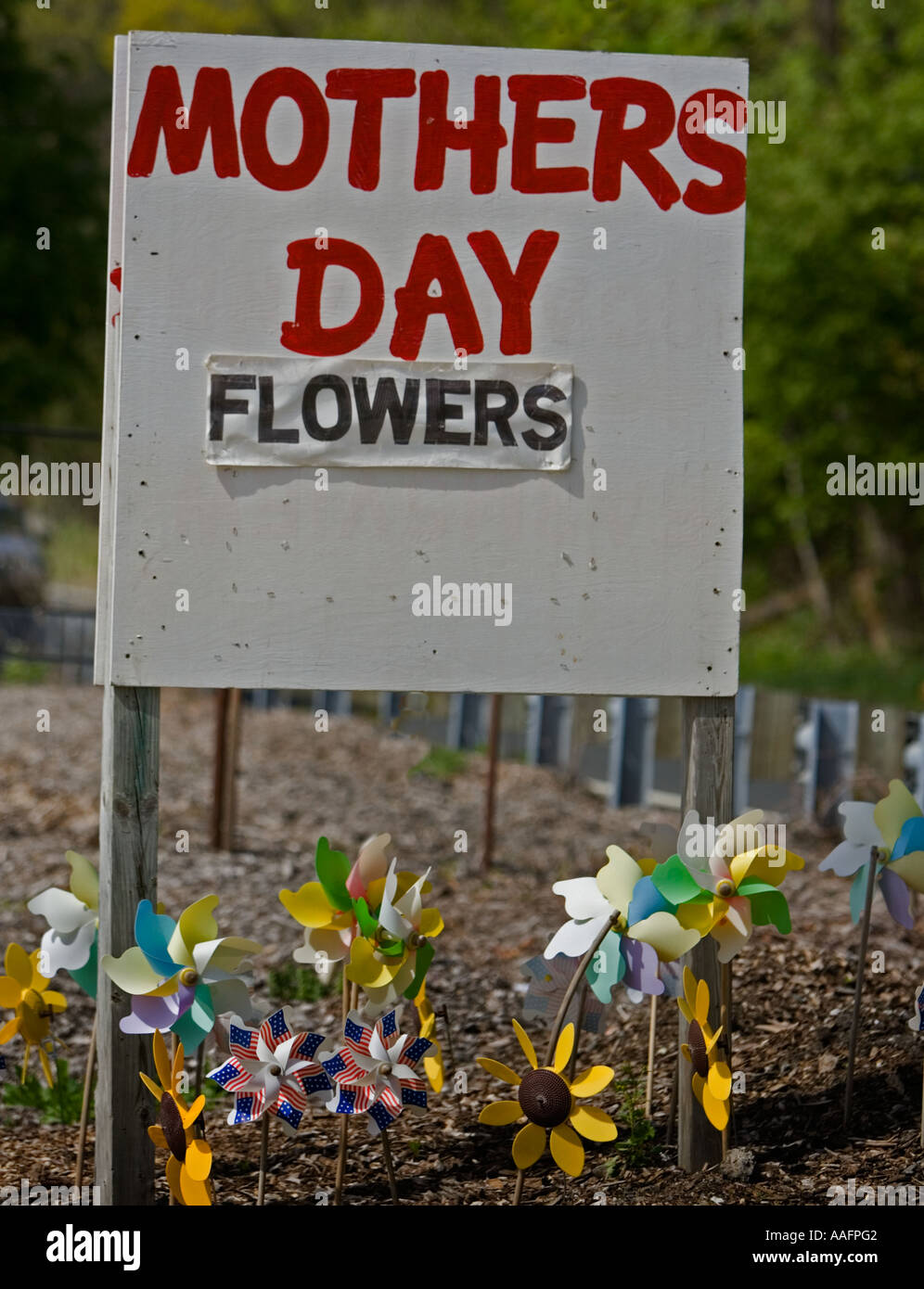 Segno a una bancarella per la strada che vendono fiori per la Festa della mamma Foto Stock