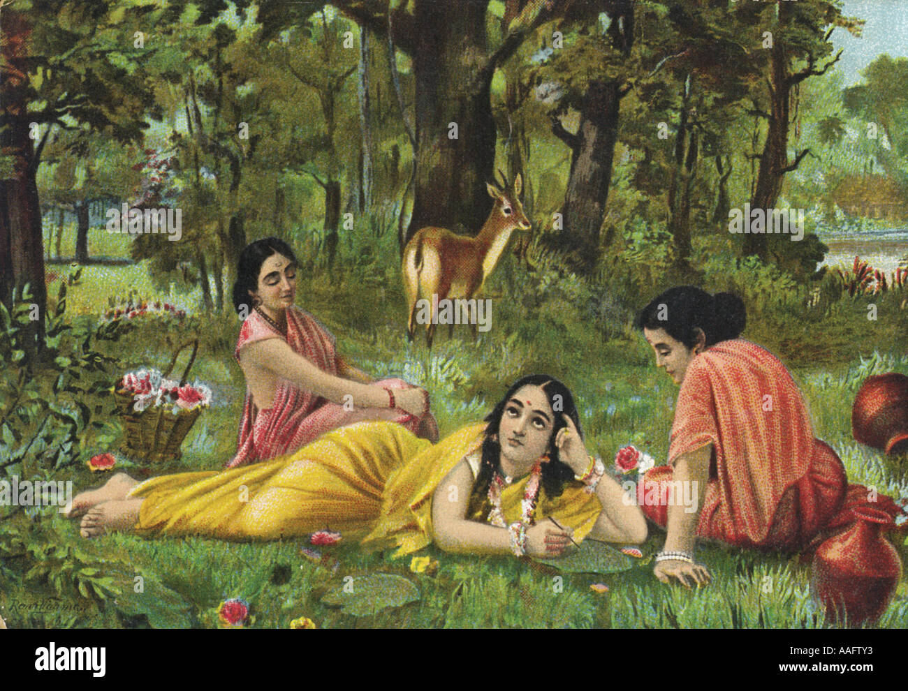 Shakuntala scrivendo una lettera d'amore pittura illustrazione cervo di foresta verde erba fiori alberi sari saree seduta giacente Foto Stock