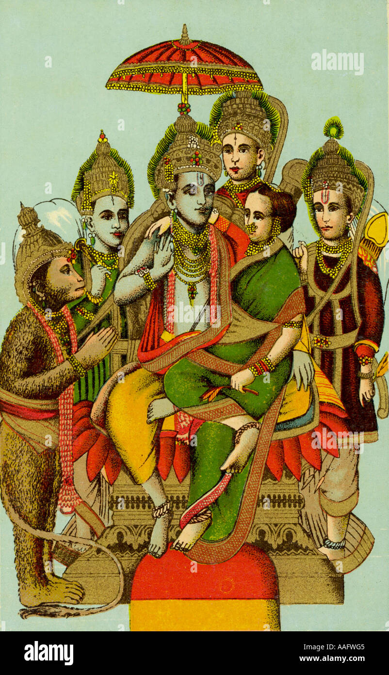 Lord Rama seduto con Sita sul suo grembo Lakshman Bharat E Shatrughan dietro e il Dio delle scimmie Hanuman Ramayana India Foto Stock