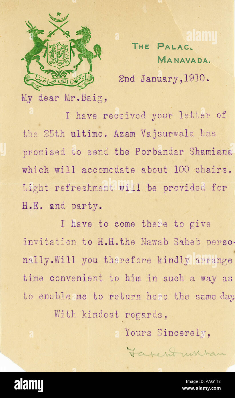 Memoria DDR78440 lettera in inglese con il sigillo reale o stemma 2 gennaio 1910 Manavadar Saurashtra Gujarat India Foto Stock