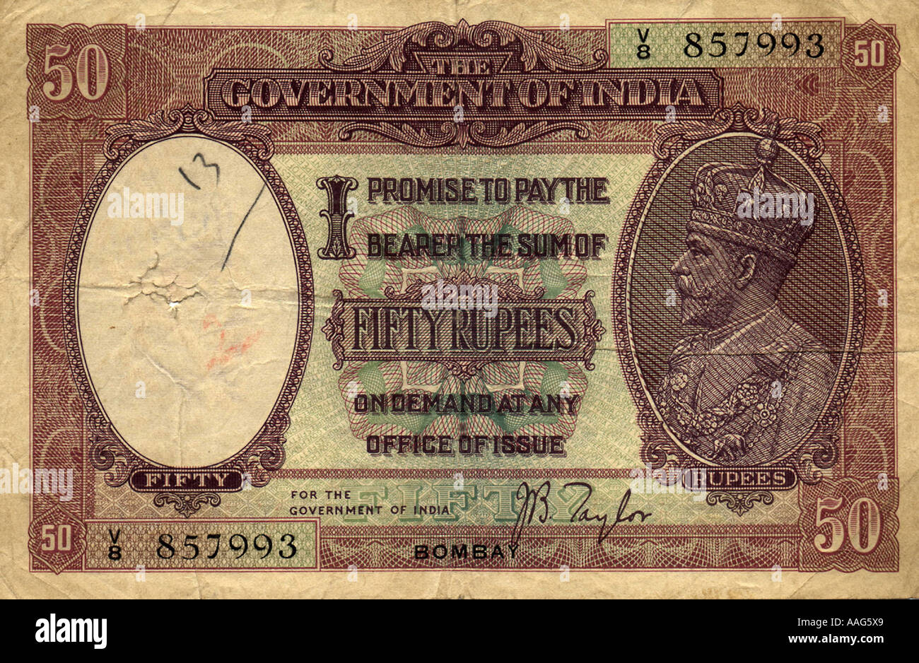 Memoria DDR78340 Rupie 50 banca fifity nota 1930 India britannica rilasciata a Bombay cerchio con il ritratto di Re Giorgio V India Foto Stock