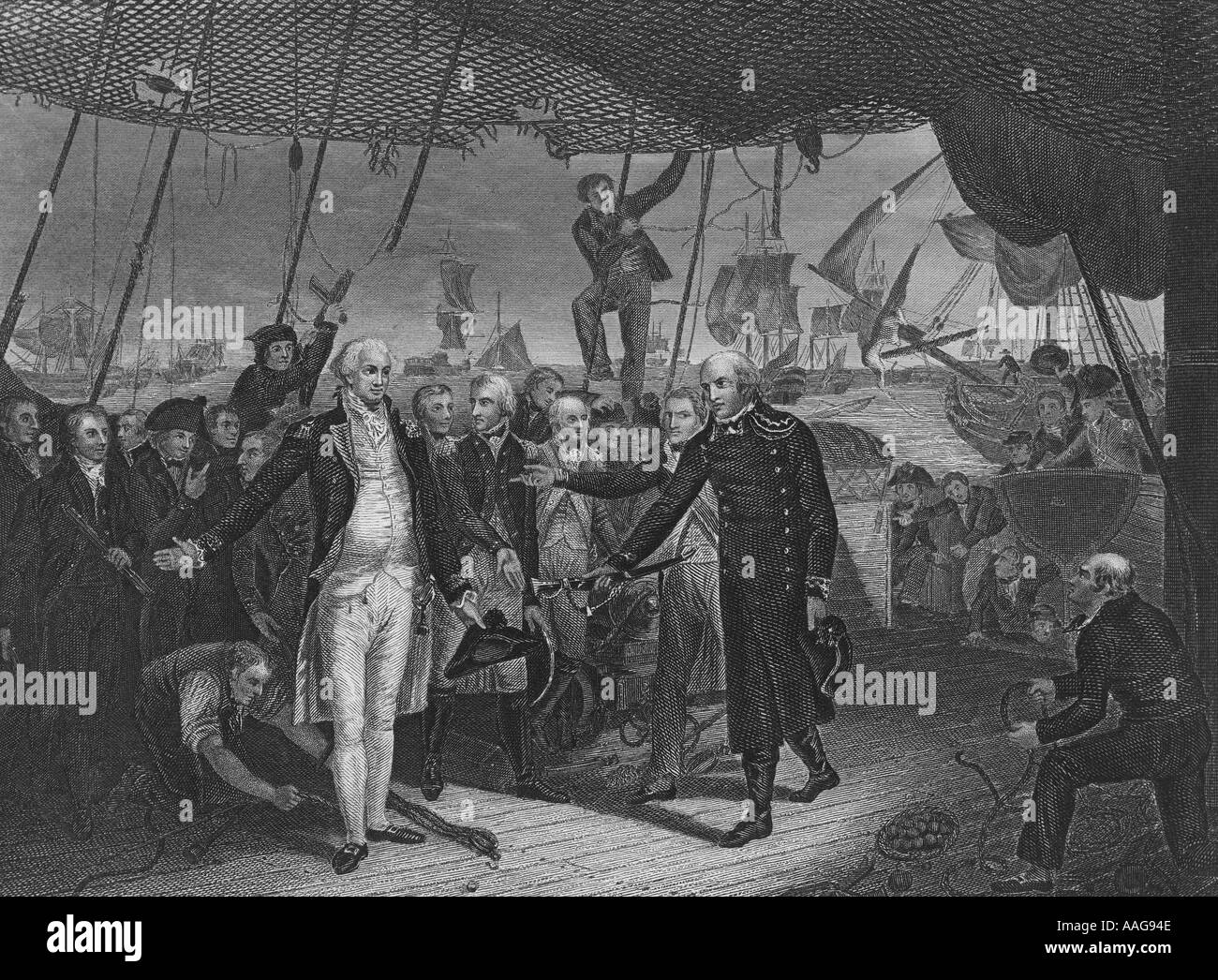 Signore Viscount Duncan s vittoria ammiraglio de Winter dimissionario la sua spada sul bordo del venerato il 11 ottobre 1797 Foto Stock