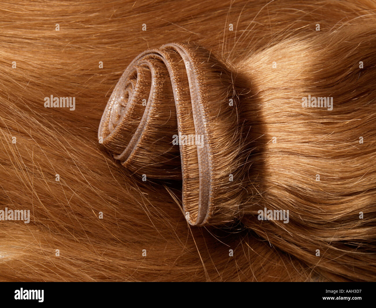 Le estensioni di capelli sono abbinati a colori con i capelli veri closeup colpo di strisce di fissaggio Foto Stock