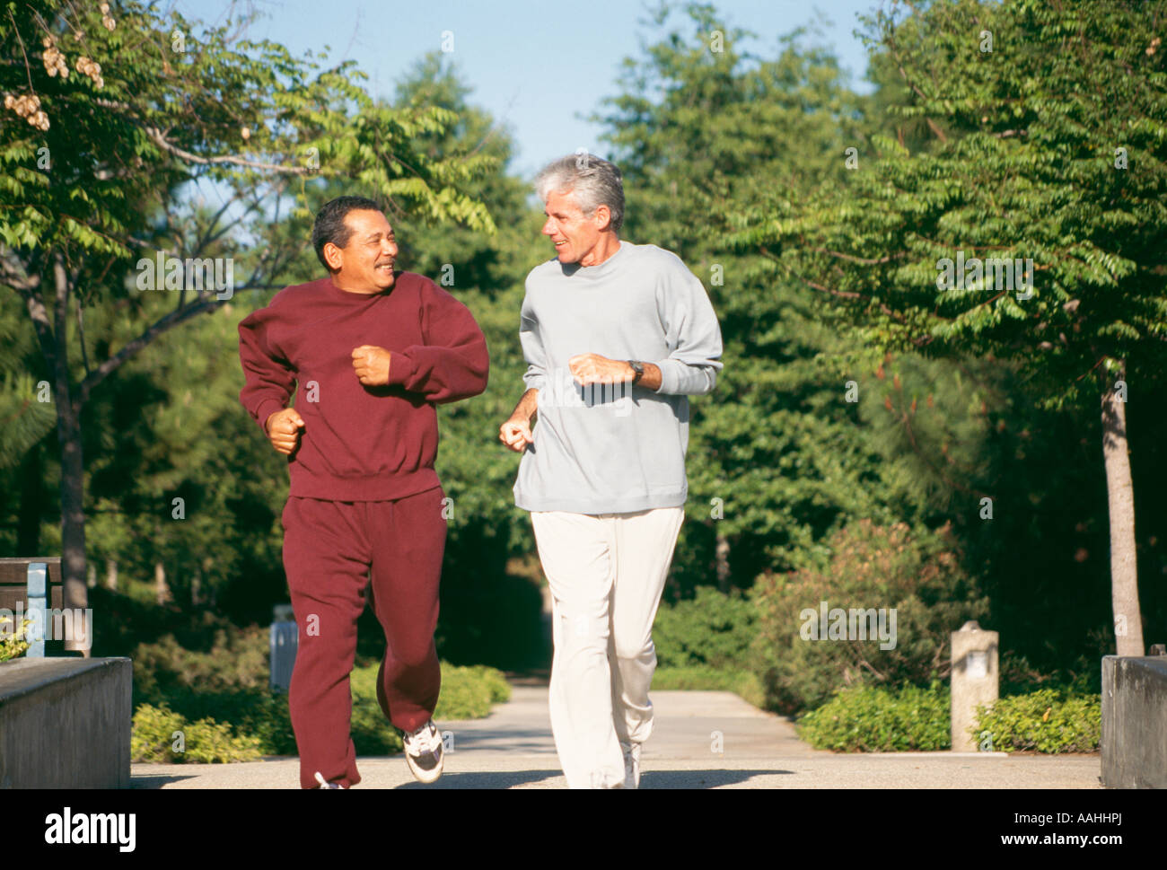 Vecchi uomini anziani fare jogging lungo il sentiero percorso diversità etnico razziale diverse African American caucasian parlando di uomini sorridenti jogging il pensionamento in pensione Foto Stock