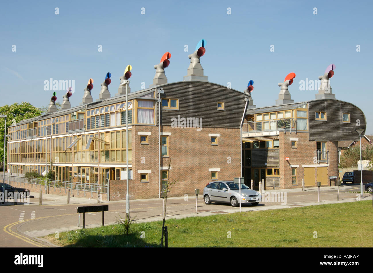 Beddington Zero Energy Development. Sviluppo di alloggi moderni e sostenibili nel sud di Londra, Regno Unito. Foto Stock