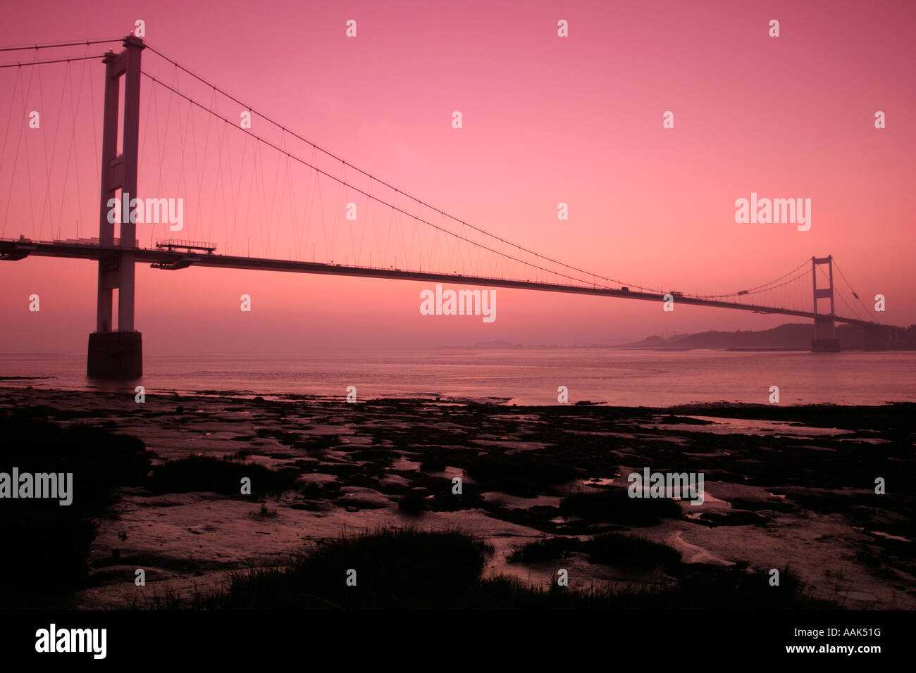 Vecchio Severn Bridge da Beachley, Nr Chepstow Foto Stock