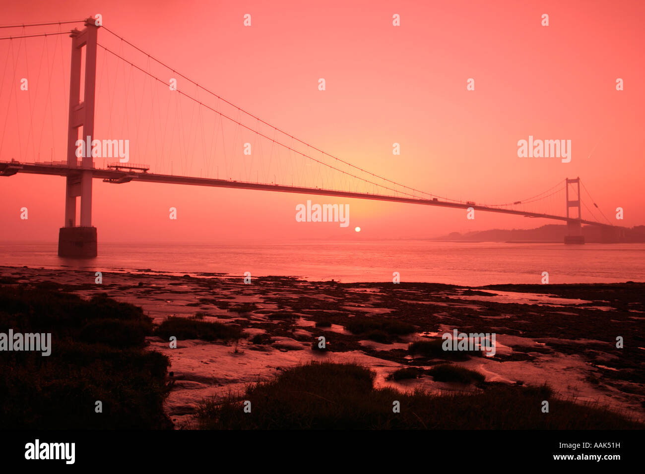 Vecchio Severn Bridge da Beachley, Nr Chepstow Foto Stock