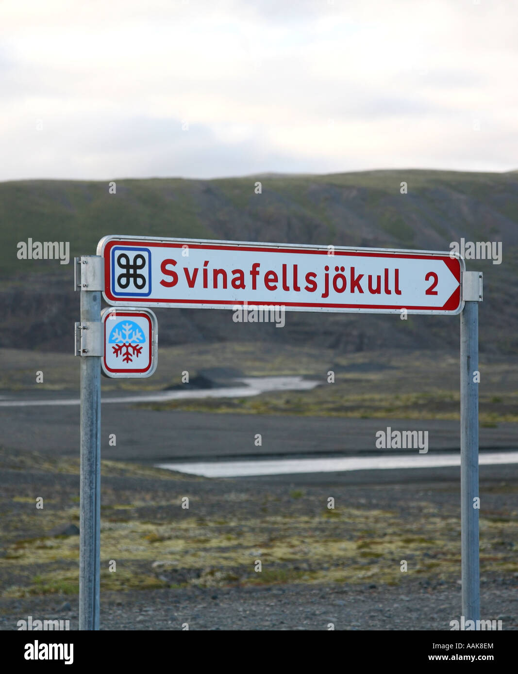 Svinafellsjokull glaciale Skaftafell signpost Parco Nazionale di Islanda Foto Stock