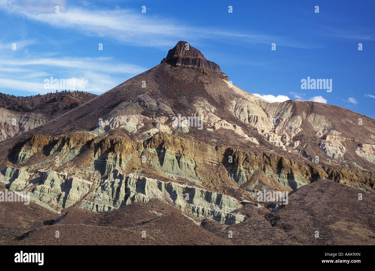 Pecore una roccia erosa ceneri vulcaniche formazione tappati con il basalto John Day Fossil Beds National Monument Oregon Foto Stock