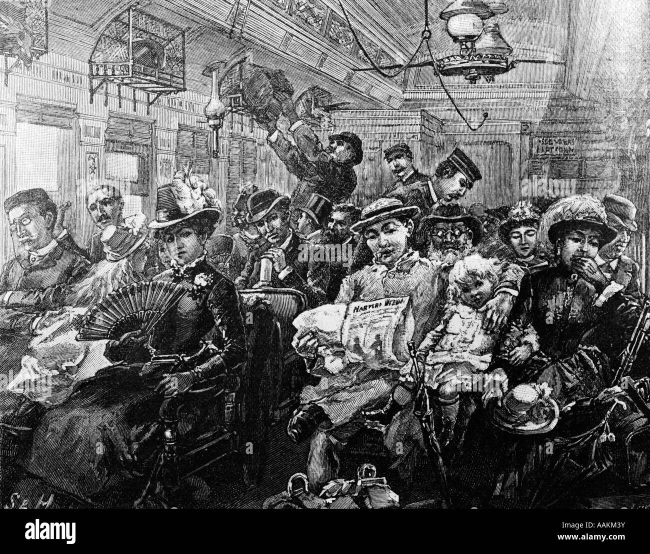 1880 Illustrazione affollato di automobili XIX secolo il treno dalla Harpers Magazine Agosto 1885 Foto Stock