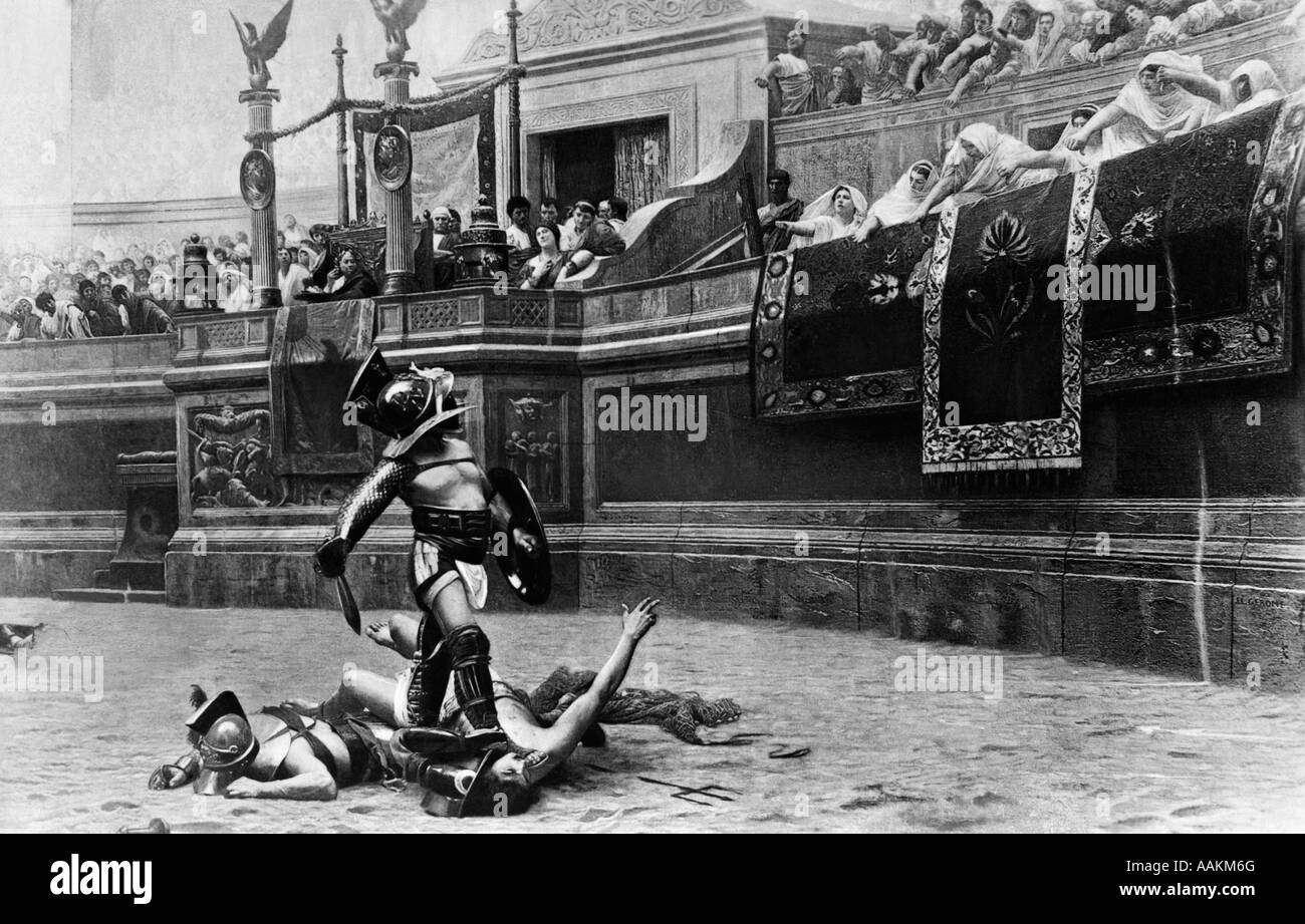 Disegno del gladiatore romano in piedi sopra due vittime cercando di folla dando il pollice in basso del segno Foto Stock