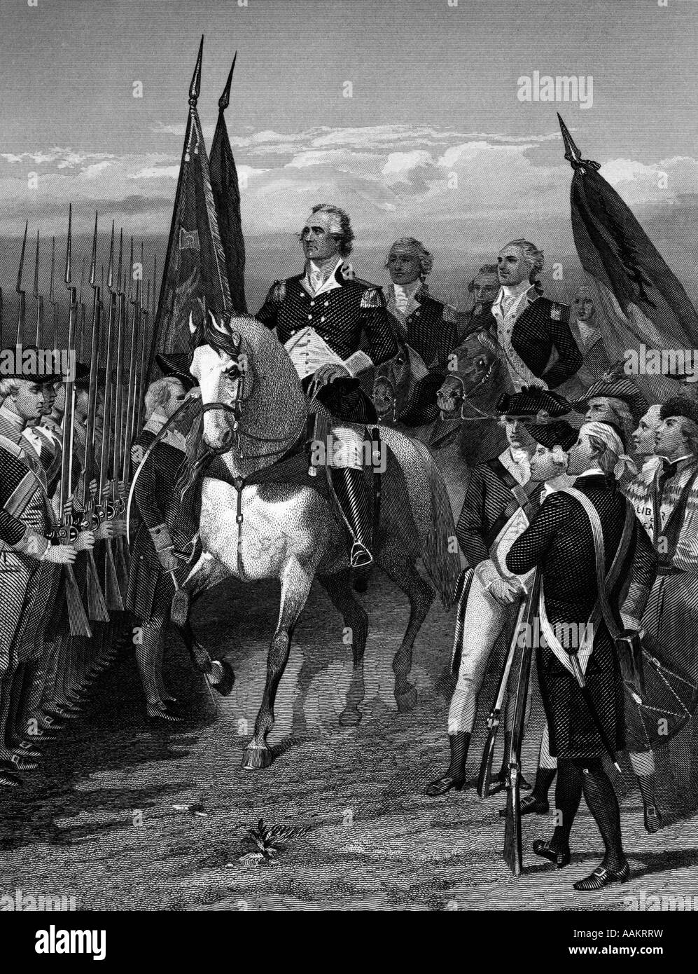 Incisione di George Washington a cavallo che assume il comando dell esercito continentale Foto Stock